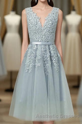 Gray A Line Lace Tulle Short Evening Prom Dresses, Homecoming Dresses